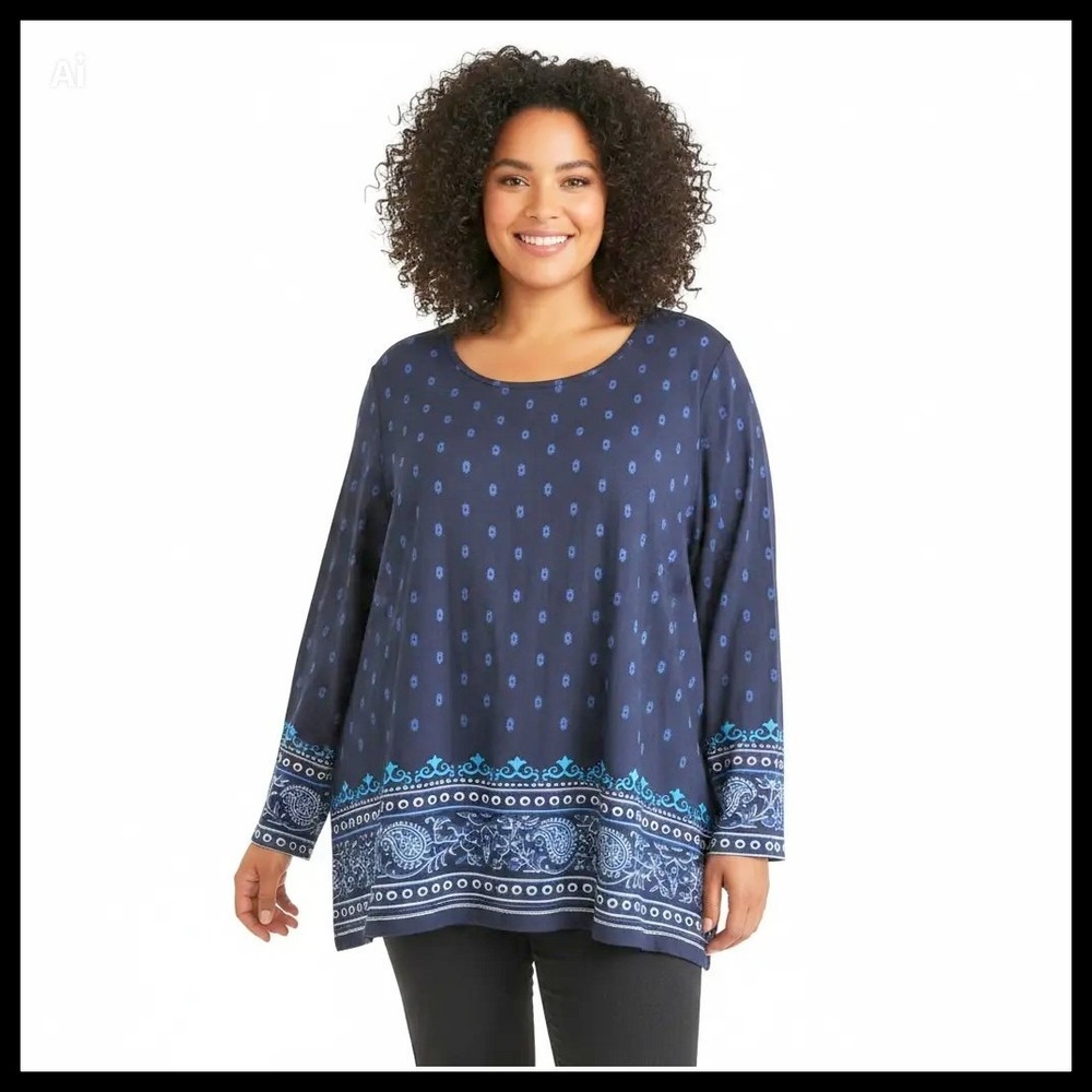 Ulla Popken Womens Navy Blue Paisley Border Print Cotton Tunic Top Plus Size‎ 4X